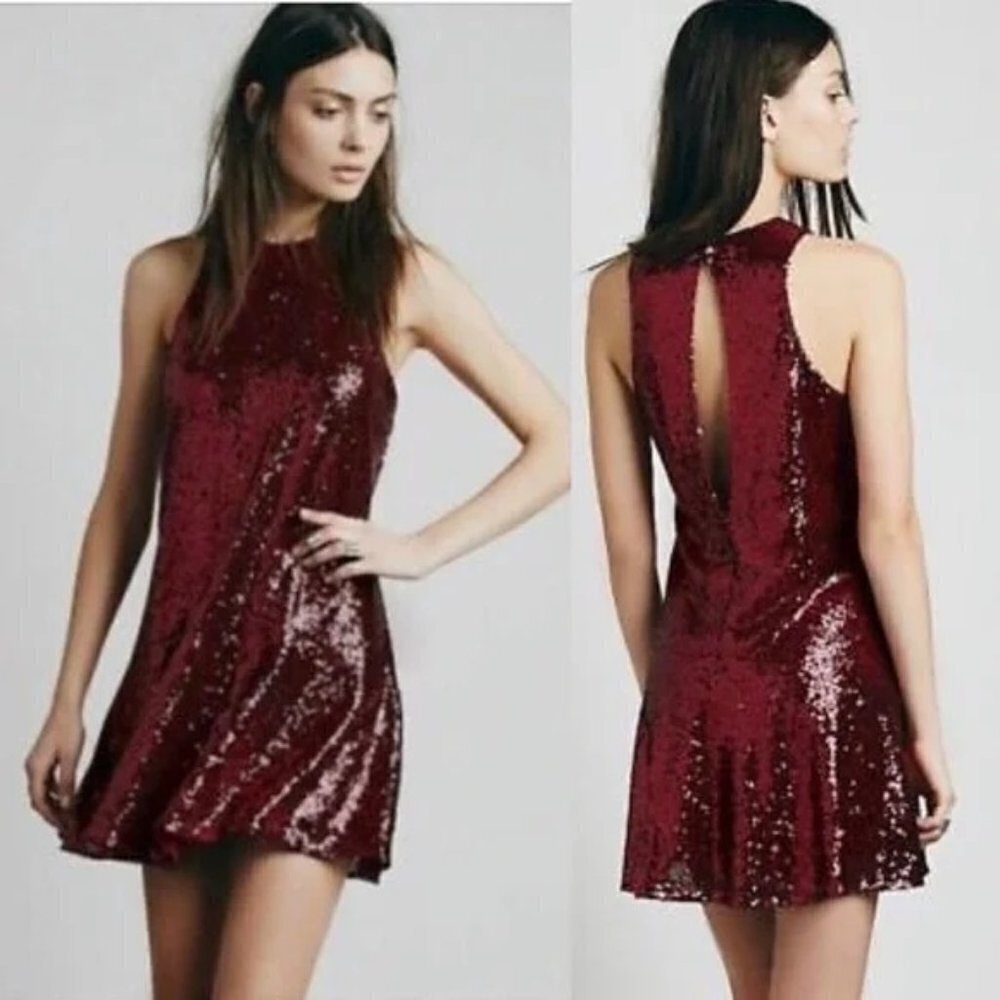 Free People Gold Rush Sequin Mini Dress Berry Wine Red Halter Keyhole Back M NEW